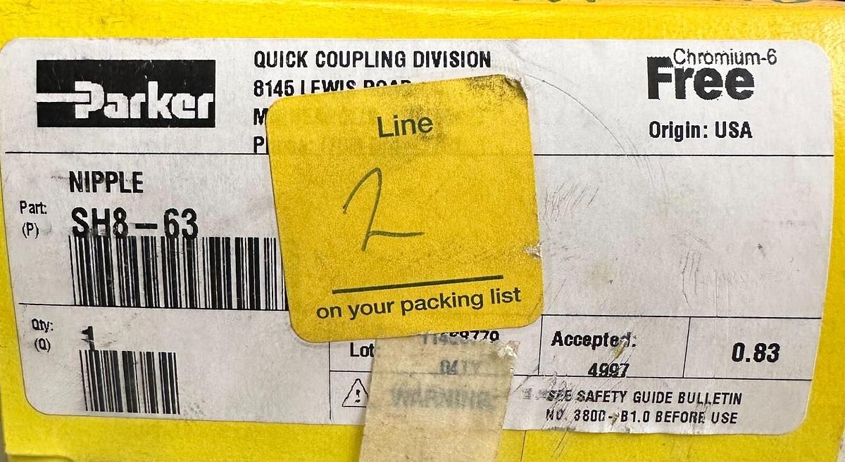 Used NEW PARKER SH8-63 / SH863 HYDRAULIC HOSE NIPPLE 50GPM