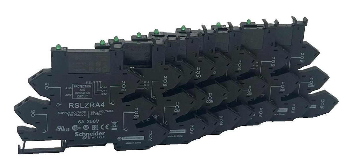 LOT OF 8 SCHNEIDER SLIM DIN RAIL SOCKET (4) RSLZRA2 & (4) RSLZRA4 (1) - NO RELAY
