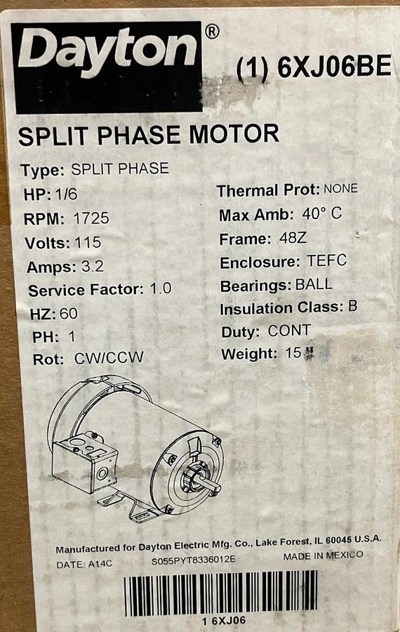 Dayton 6XJ06BE General Purpose Motor | 1/6 HP, 1725 RPM, 115V, 48Z Frame, 6XJ06