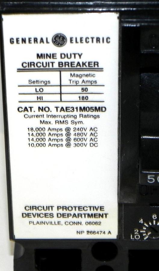 Used GENERAL ELECTRIC TAE31M05MD CIRCUIT BREAKER 50AMP 3POLE 600VAC