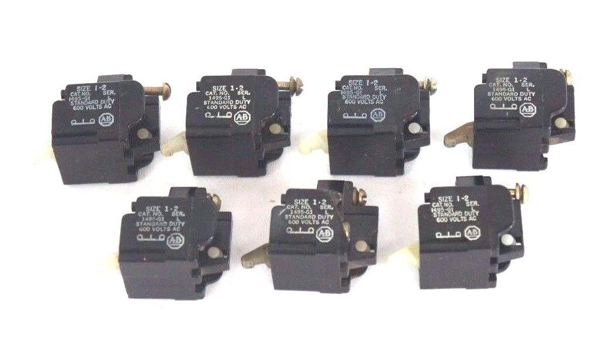 Used LOT OF 7 ALLEN BRADLEY 1495-G1 AUXILIARY CONTACTS SIZE 1-2, SER L, 600V, 1495G1