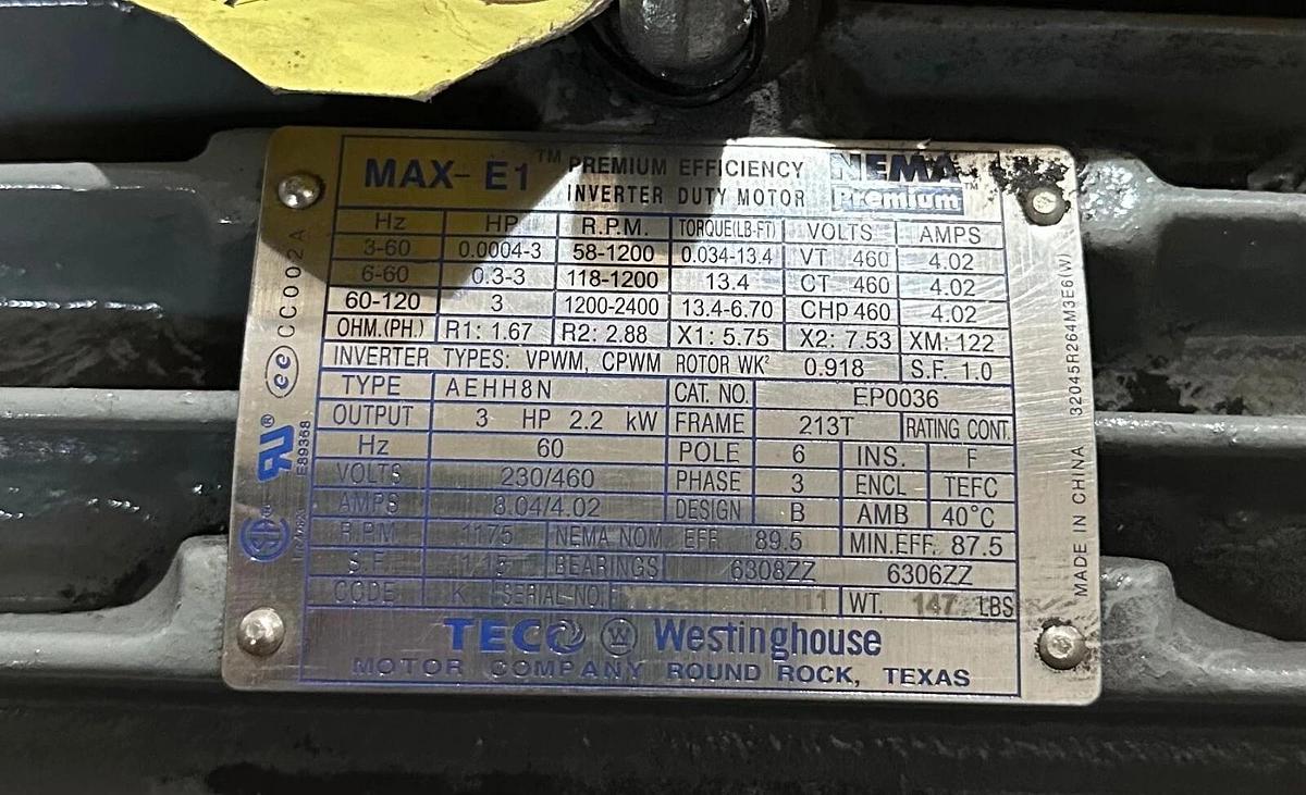 NEW TECO WESTINGHOUSE EP0036 / AEHH8N MAX-E1 INVERTER MOTOR 2.2kW/3HP 60-120Hz
