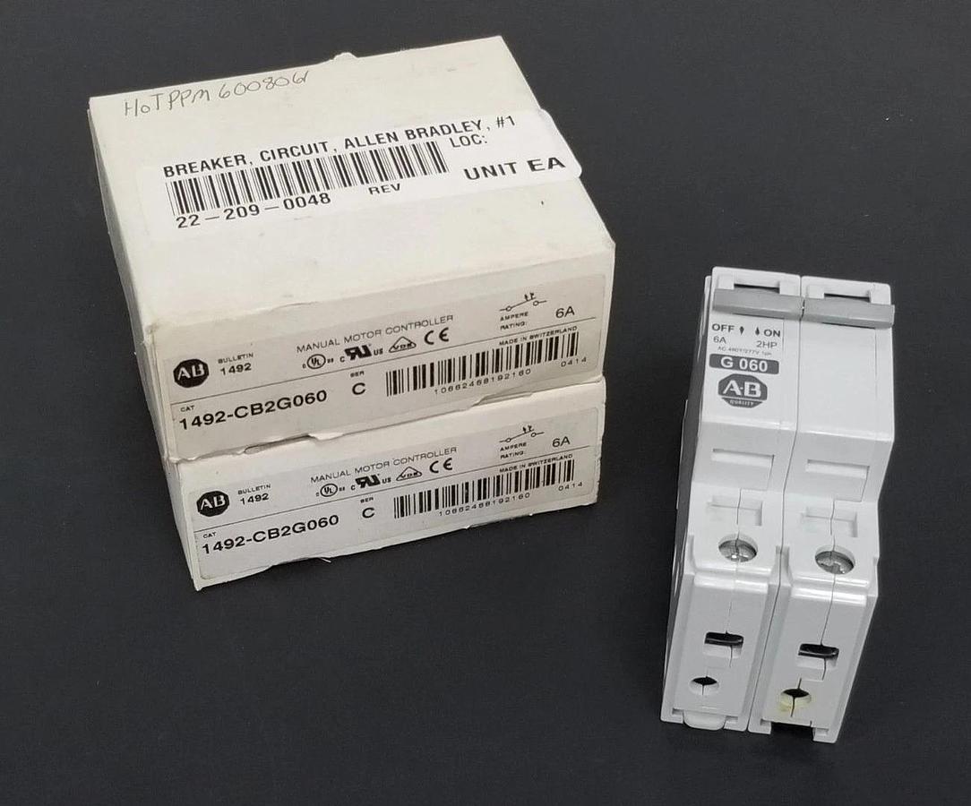 Used LOT OF 2 NIB ALLEN BRADLEY 1492-CB2G060 CIRCUIT BREAKERS SER. C 6A 1492CB2G060