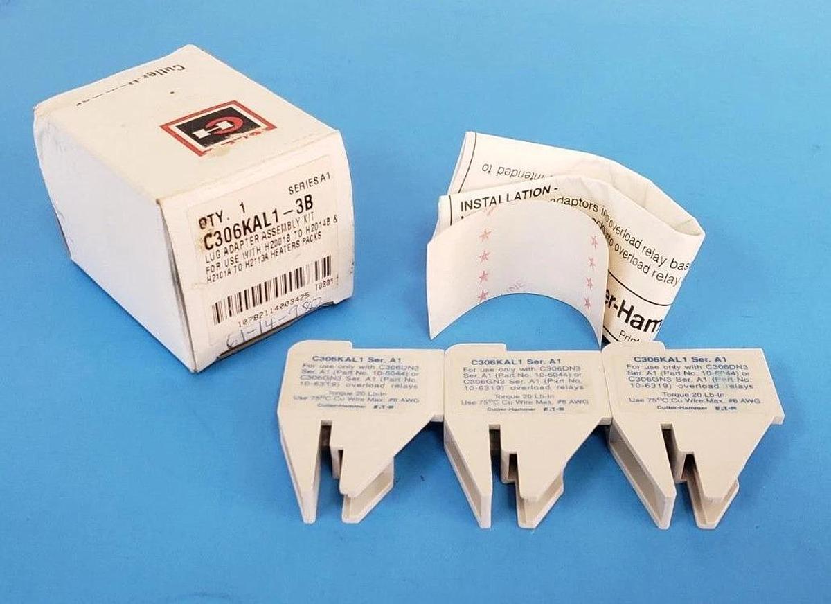 Used CUTLER-HAMMER C306KAL1-3B LUG ADAPTOR ASSEMBLIES C306KAL13B, SER. A1, (BOX OF 3)