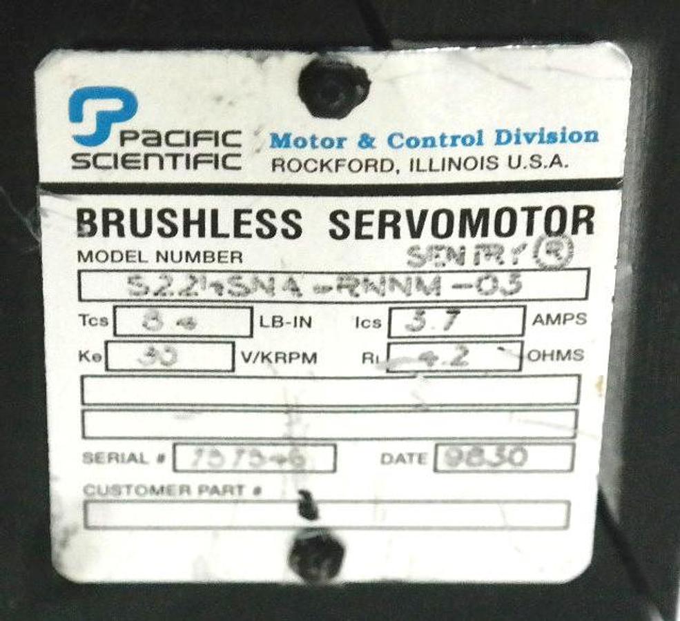 Used PACIFIC SCIENTIFIC S22HSNA-RNNM-03 BRUSHLESS SERVOMOTOR 3.7A, 4.2OHM 8.4LB-IN