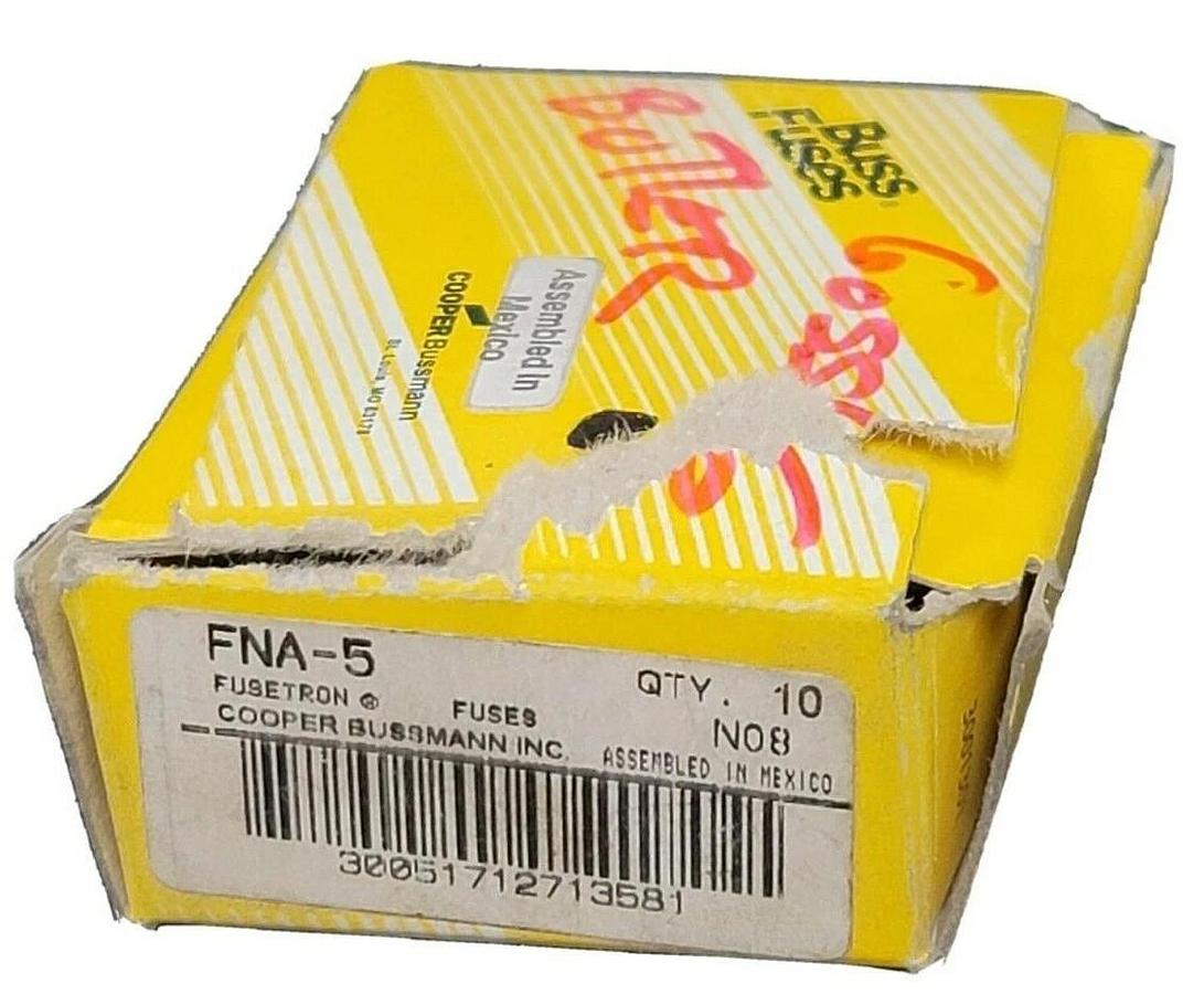 Used BOX OF 10 NEW COOPER BUSSMANN FNA-5 FUSETRON DUAL ELEMENT FUSES FNA5