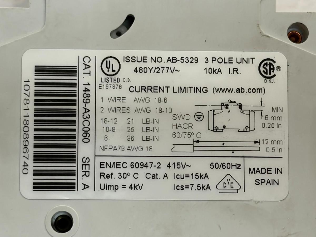 Used Allen-Bradley 1489-A3C060 Molded Case Circuit Breaker 3-Pole 6A C-Curve New