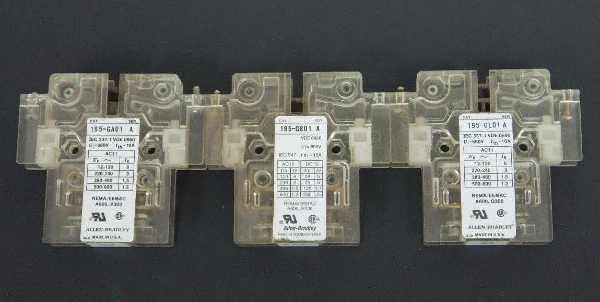 Used LOT OF 3 ALLEN BRADLEY AUXILIARY CONTACTS 195-GA01 , 195-GL01 , 195-GB01 SER. A