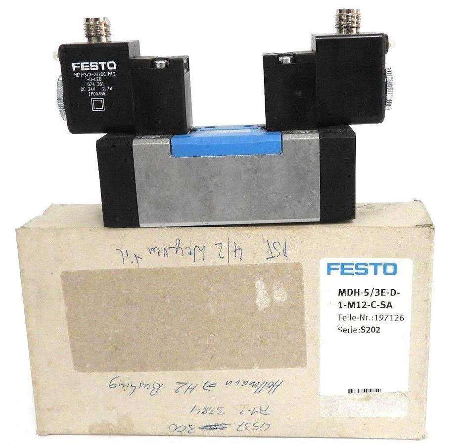 Used NIB FESTO MDH-5/3E-D-1-M12-C-SA VALVE MDH53ED1M12CSA, MDH-3/2-24VDC-M12-D-LED