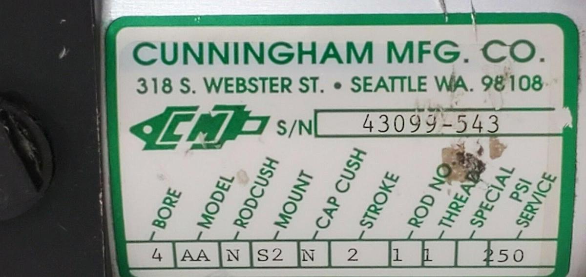 Used CUNNINGHAM MODEL AA PNEUMATIC CYLINDER 4" BORE, 2" STROKE, 250PSI, 4AANS2N211250