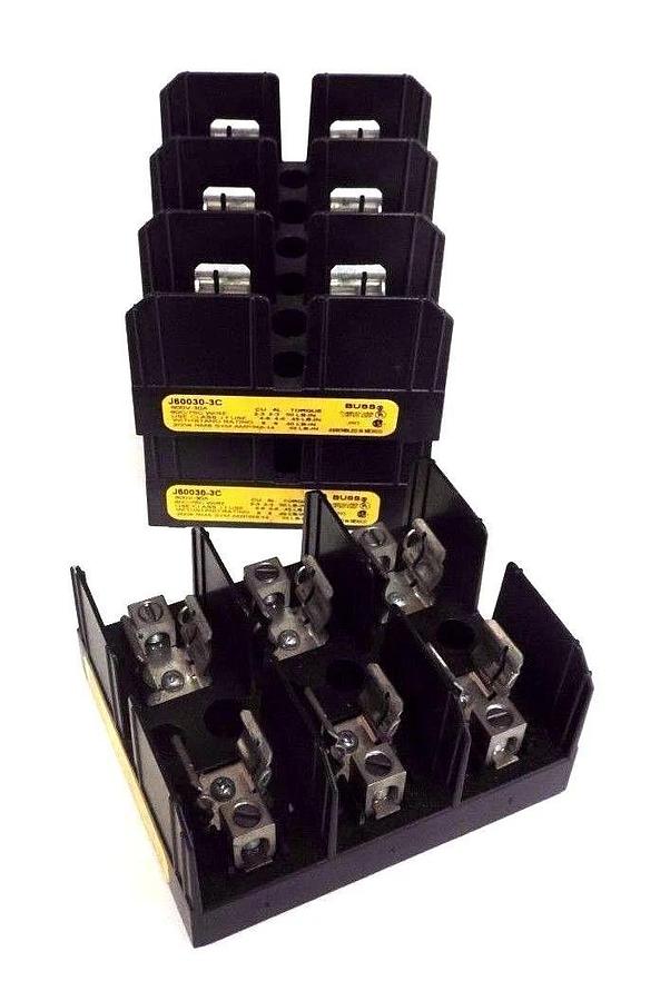 Used 3 COOPER BUSSMAN J60030-3CR, J60030-3C FUSE HOLDERS 600V, 30A, 60/75C, J60030C