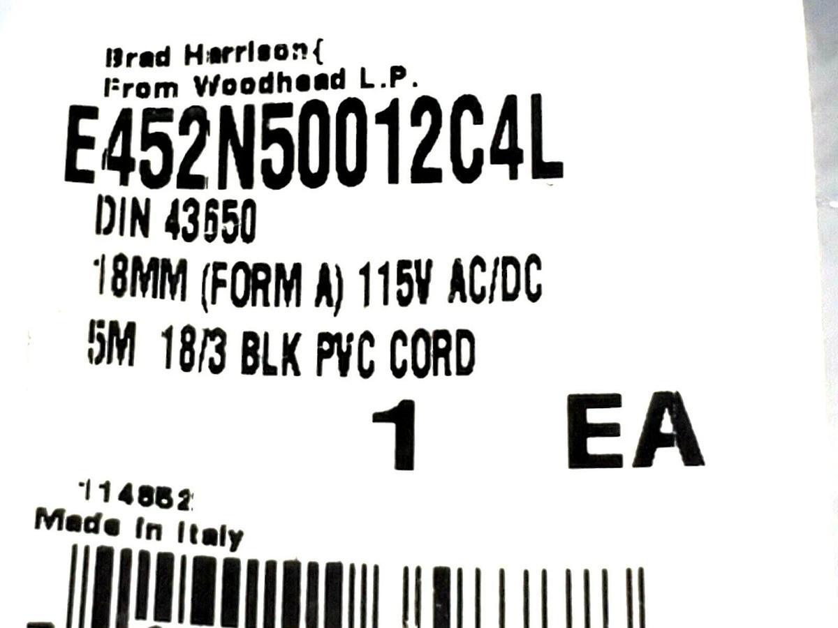 Used NEW BRAD HARRISON E452N50012C4L DIN 43650, 18MM, 115V AC/DC, 5M 18/3 BLK