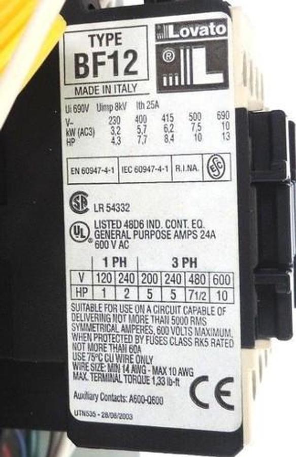 Used LOVATO START / STOP CONTROLLER ENCLOSURE W/ TYPE BF12 CONTACTOR