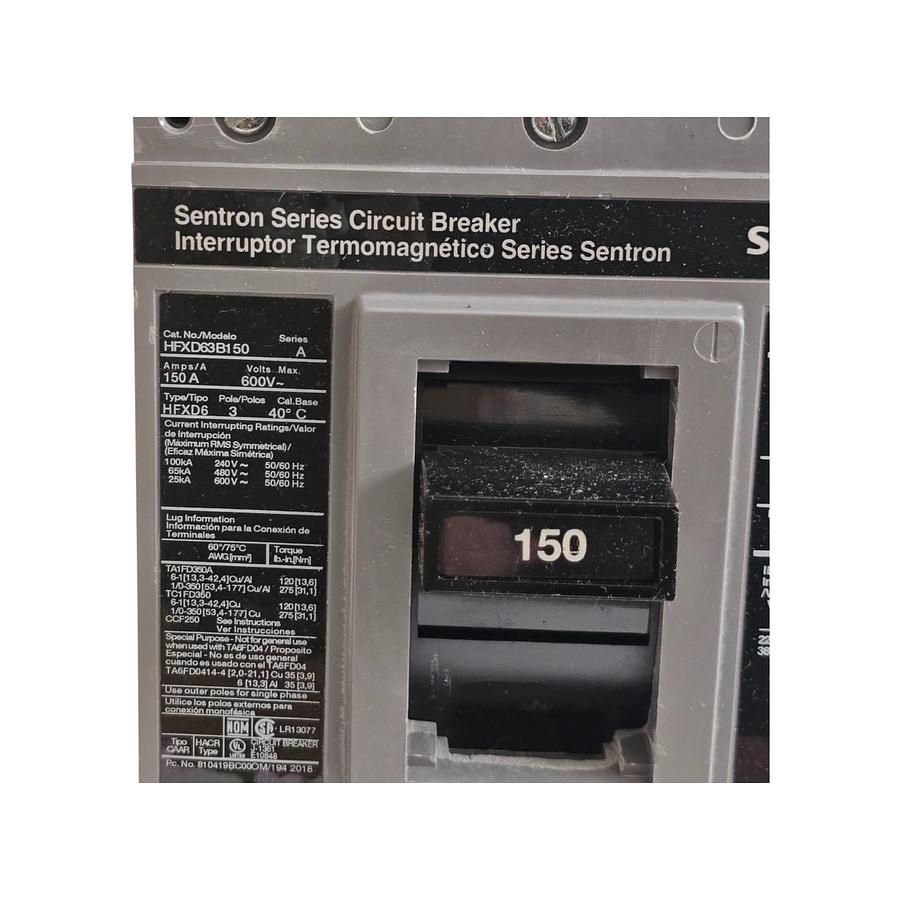 Used SIEMENS HFXD63B150 SENTRON CIRCUIT BREAKER 3P/150A/600V~/65kA@480V~ w/TRIP NSMP