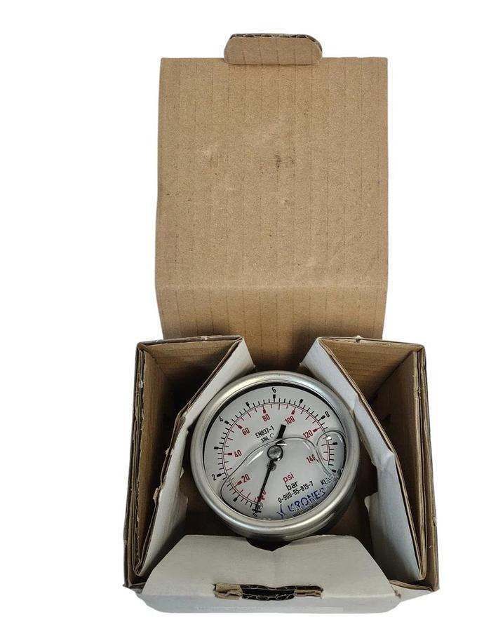NIB KRONES 0-900-05-819-7 PRESSURE GAUGE 0-10BAR 0-140PSI 1/4" MALE CENTER BACK