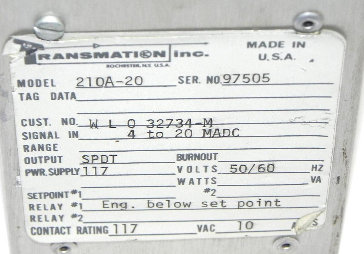 Used TRANSMATION 210A-20 CURRENT ALARM 50/60HZ 210A20