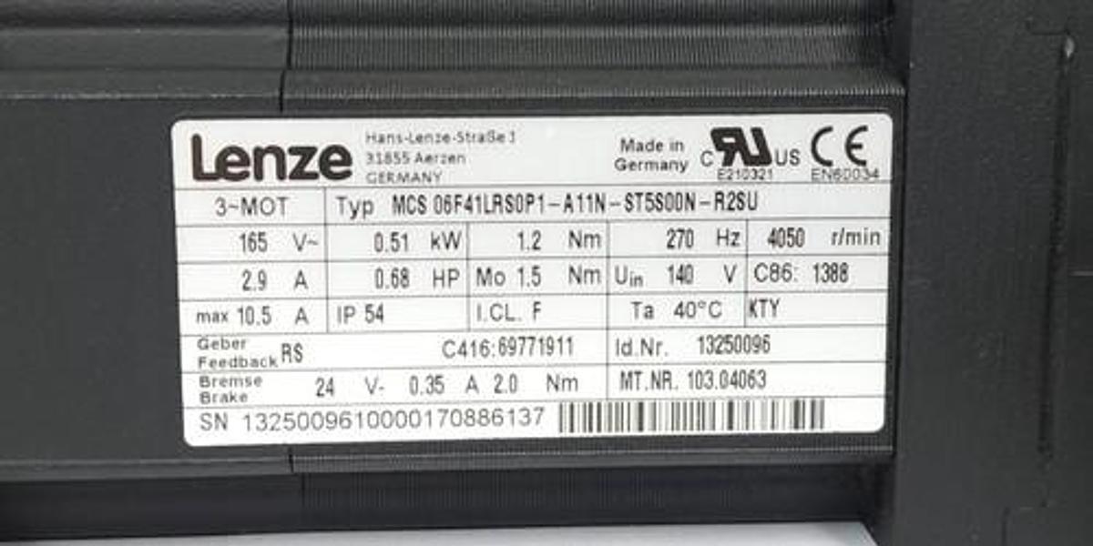 Used LENZE MCS 06F41LRS0P1-A11N-ST5S00N-R2SU SERVO MOTOR ID. NR. 13250096