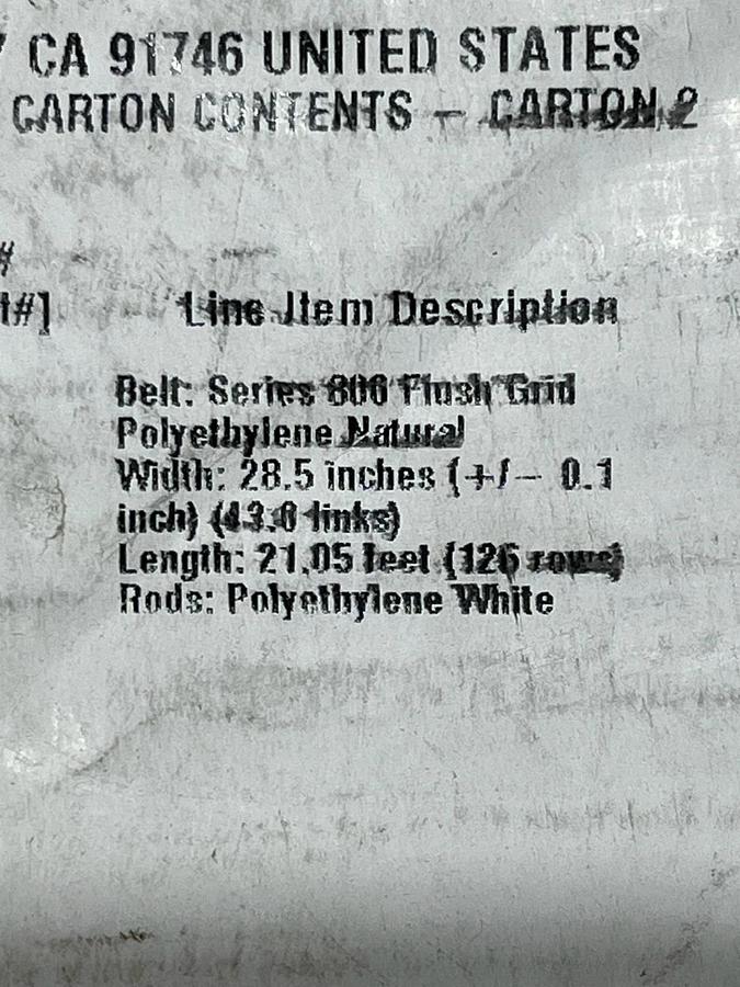 New Intralox 800 Series Natural Polyethylene Flush Grid Belt 28.5" W x 21.05' L