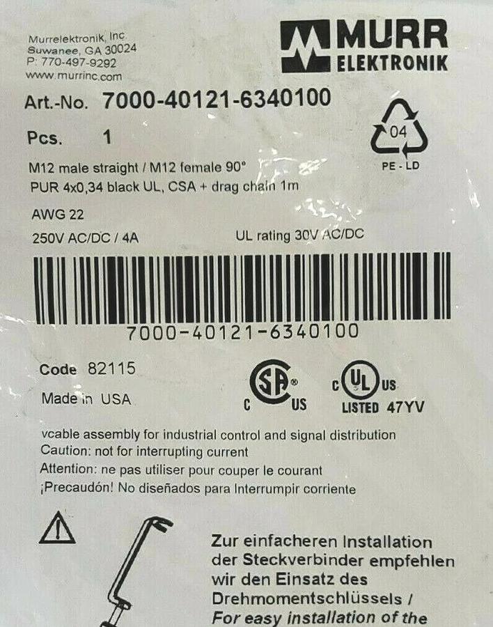 Used NEW MURR ELEKTRONIX 7000-40121-6340100 M12 MALE 0° / M12 FEMALE 90°