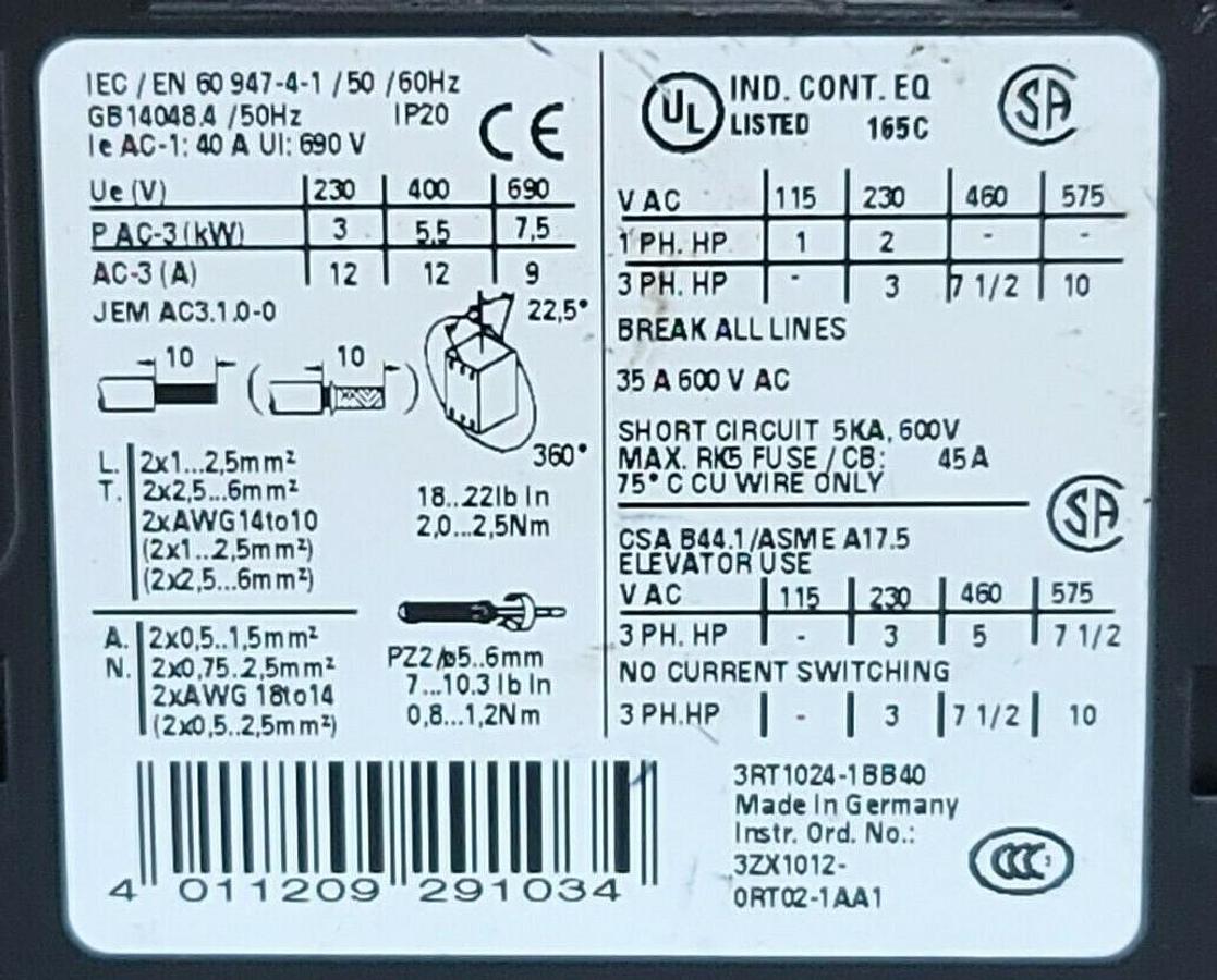 Used SIEMENS 3RT1024-1BB40 CONTACTOR 3RT10241BB40, 40 AMP 3 POLE
