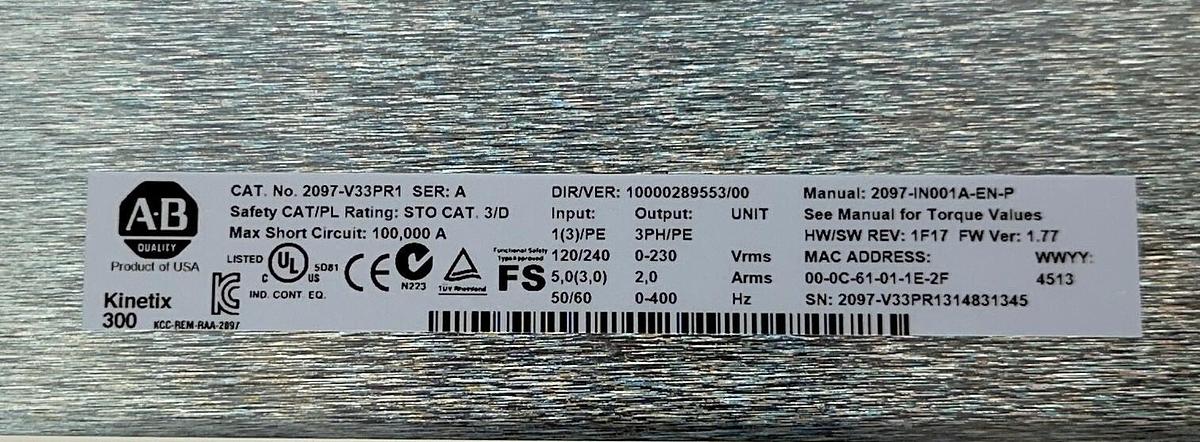 Used ALLEN BRADLEY 2097-V33PR1 /A Kinetix 300 AXIS DRIVE 120/240VAC 2A PN-55549 NSMP