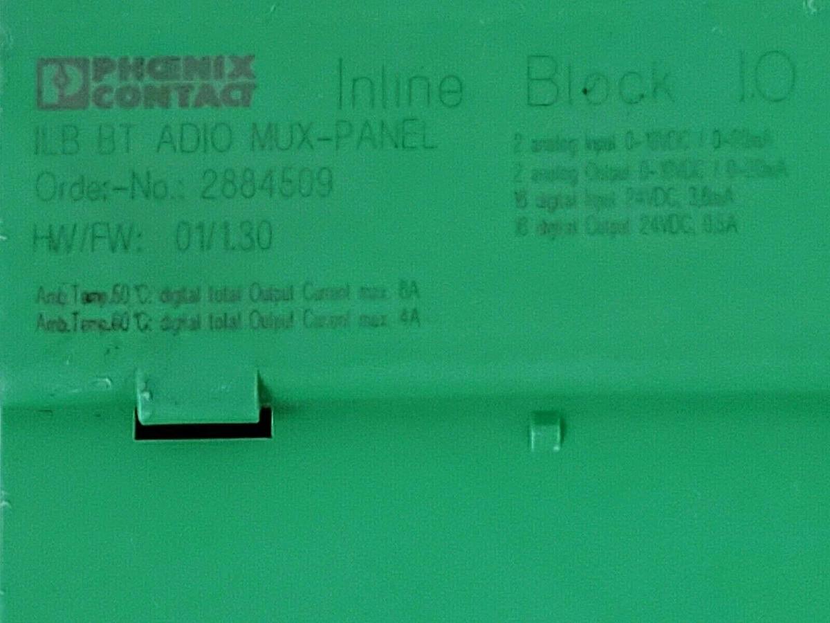 Used PHOENIX CONTACT ILB BT ADIO MUX-PANEL ORDER-NO. 2884509 HW/FW: 01/1.30 I/O BLOCK