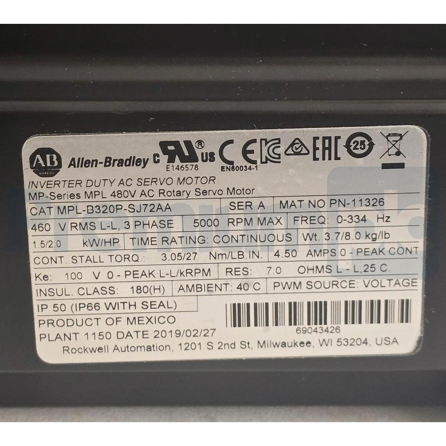 Used Surplus Allen Bradley MPL-B320P-SJ72AA /A MP-Series Servo Motor 460V 5000RPM 2HP