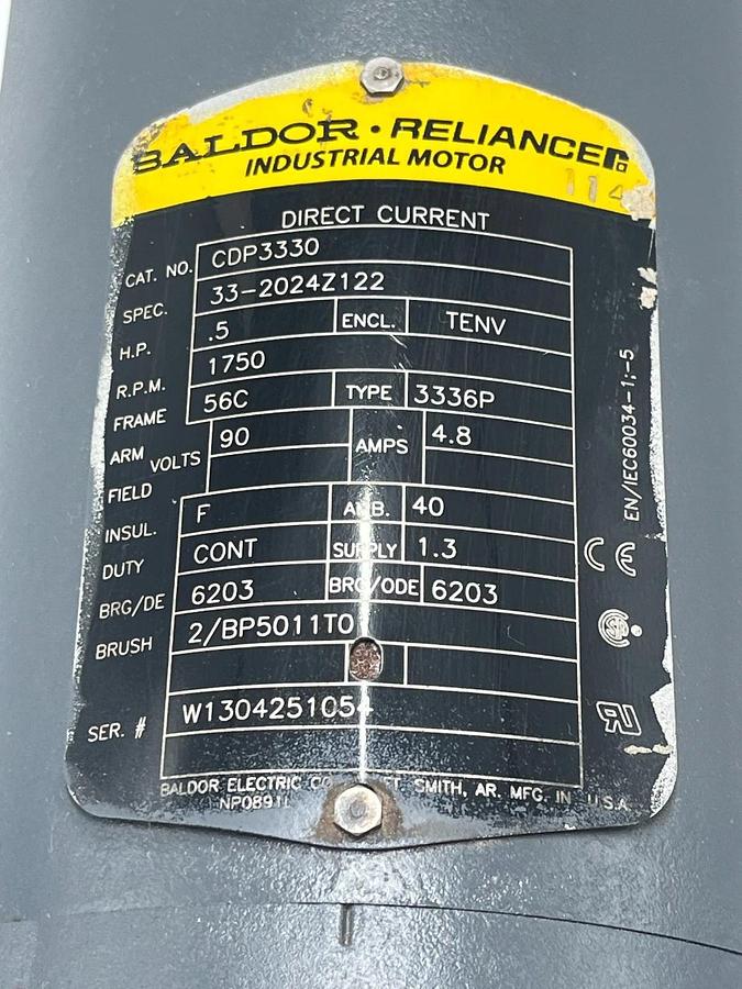 Used Baldor CDP3330 DC Industrial Motor 1/2 HP 1750 RPM 90VDC 56C TENV 4.8A