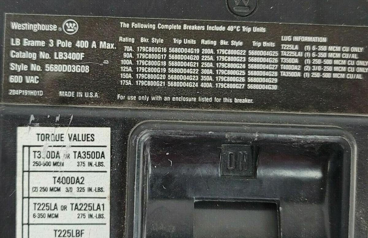 Used EATON WESTINGHOUSE LB3400F CIRCUIT BREAKER 3P 400A 5680D03G08 w/ 300A TRIP NSNP