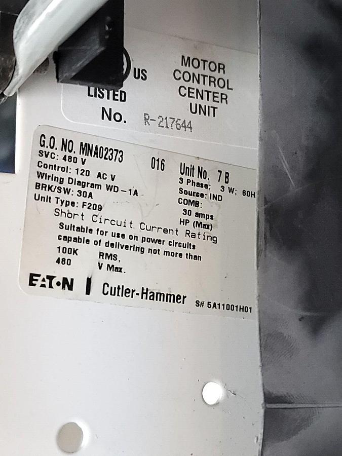 Used EATON CUTLER-HAMMER MNA02373 MOTOR CONTROL UNIT 480V 60Hz F209 MNA02373-016