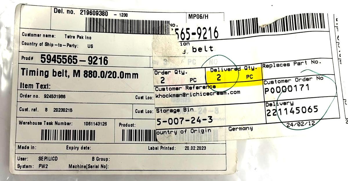 Used Tetra Pak 5945565-9216 Continental ContiTech HTD 880 8M CXP Timing Belt Lot of 2