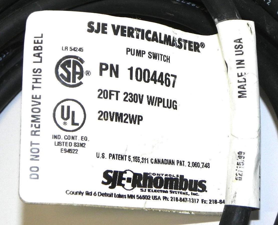 Used SJE VERTICALMASTER 1004467 20FT 230V W/PLUG 20VM2WP