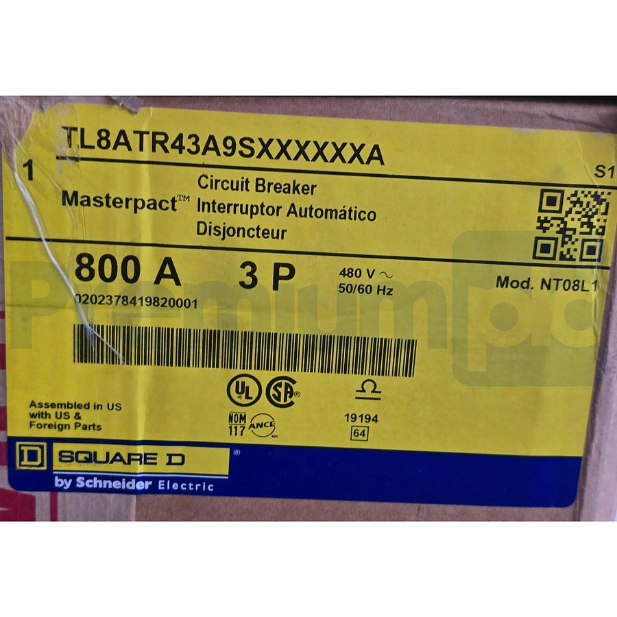 Used Square D TL8ATR43A9SXXXXXXA MasterPact NT Breaker Mod. NT08L1 3P 480V 800A NSMP