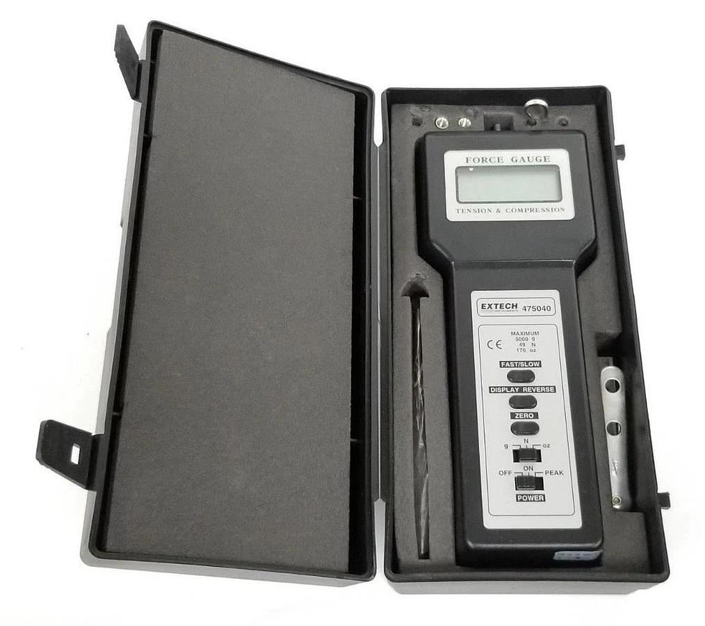 Used EXTECH 475040 TENSION & COMPRESSION FORCE GAUGE 5000G 49N 176oz. W/ ATTACHMENTS
