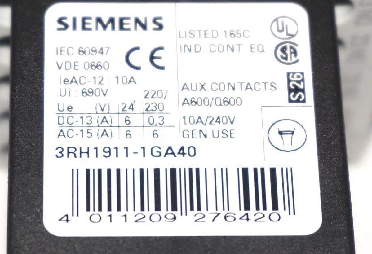Used SIEMENS 3RH1140-1BB40 CONTACTOR W/3RH1911-1GA40 AND W/ 3RT1916-1BB00