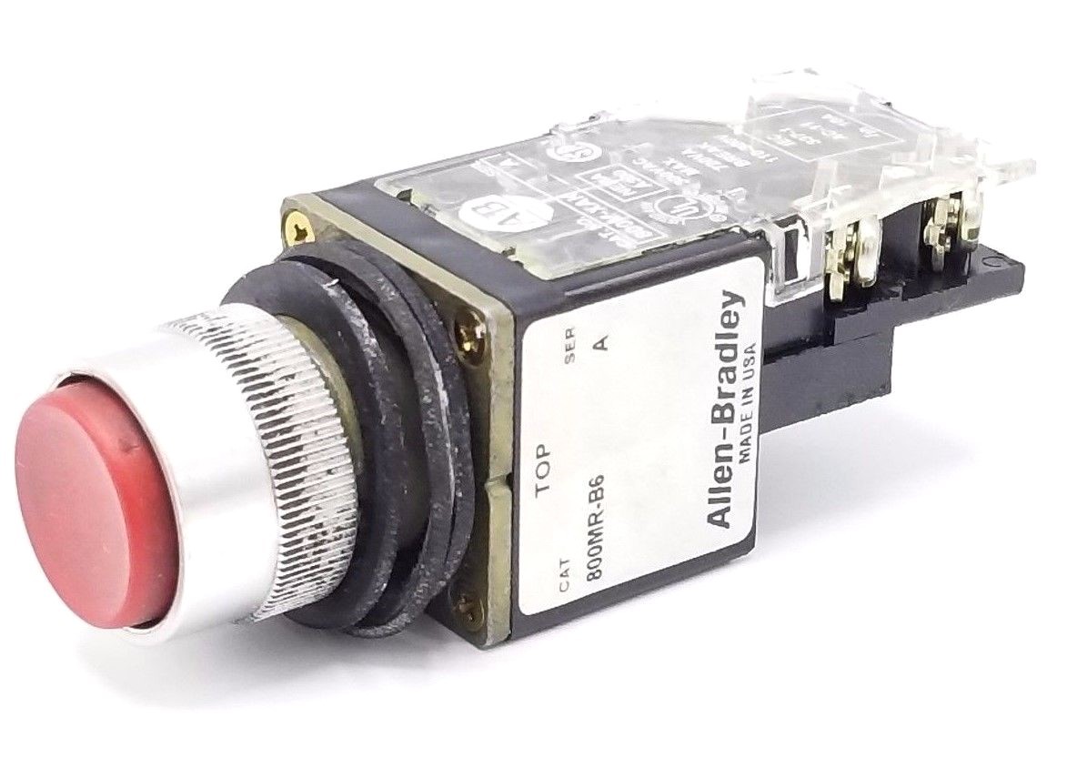 Used ALLEN BRADLEY 800MR-B6 PUSHBUTTON SER. A RED W/ 800M-XAK SER. A