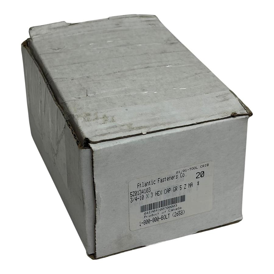 Used Box of 20 Atlantic Fasteners 3/4-10 x 3" Grade 5 Zinc Hex Cap Screw Bolts