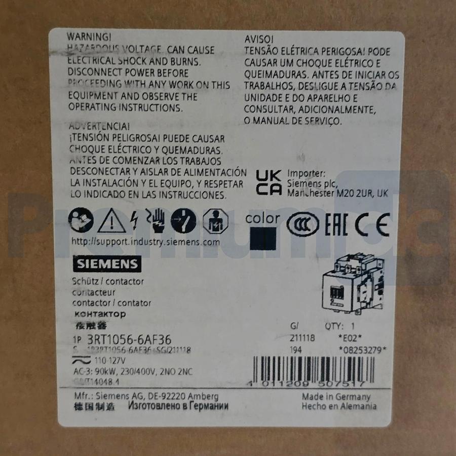 Used Siemens 3RT1056-6AF36 SIRIUS Contactor 3-Pole 90kW 185A 110-127V AC/DC Size S6
