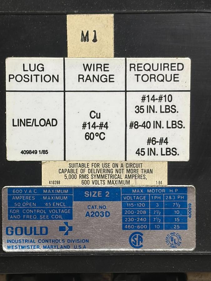 Used Gould A203D Size 2 Dual Duplex Motor Starter Panel 600V 3-Phase NEMA 1 Case