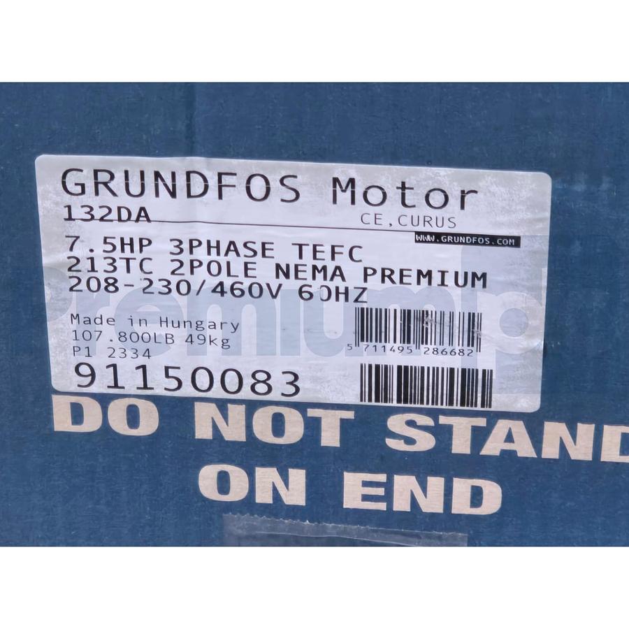 Used GRUNDFOS 91150083 - ML132DA PUMP MOTOR 3x208-230/460V 7.5HP TEFC 213TC NSMP