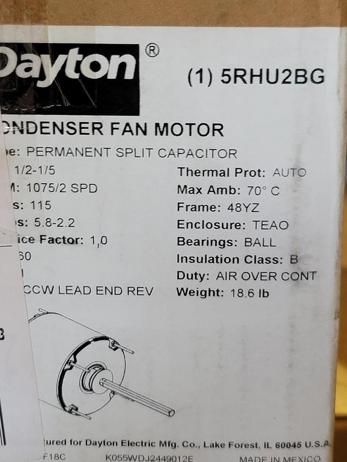 Used NEW DAYTON 5RHU2BG 1/2HP PERMANENT SPLIT CAPACITOR CONDENSER FAN MOTOR 60HZ 48YZ