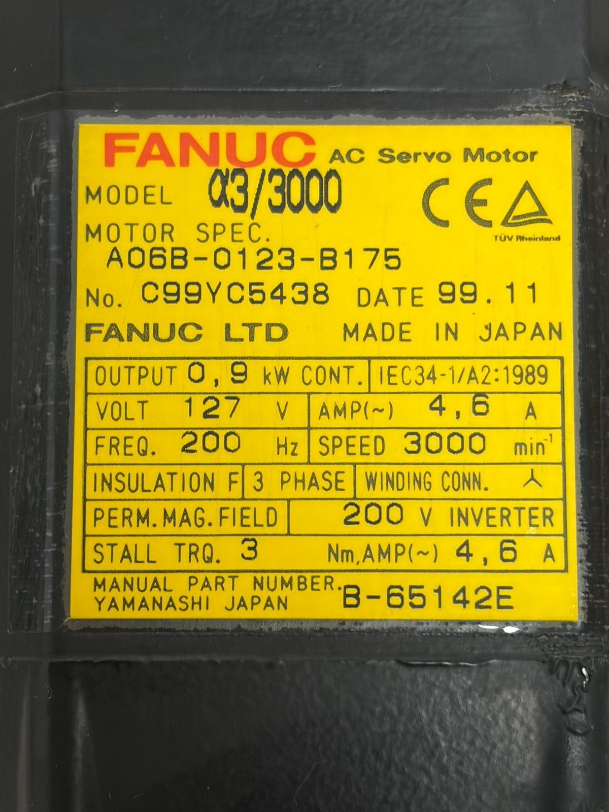Used Fanuc Alpha 3/3000 AC Servo Motor A06B-0123-B175 0.9kW 3000RPM 3-Phase
