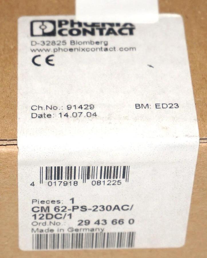 Used FACTORY SEALED PHOENIX CONTACT CM 62-PS-230AC/12DC/1 POWER SUPPLY 2943660