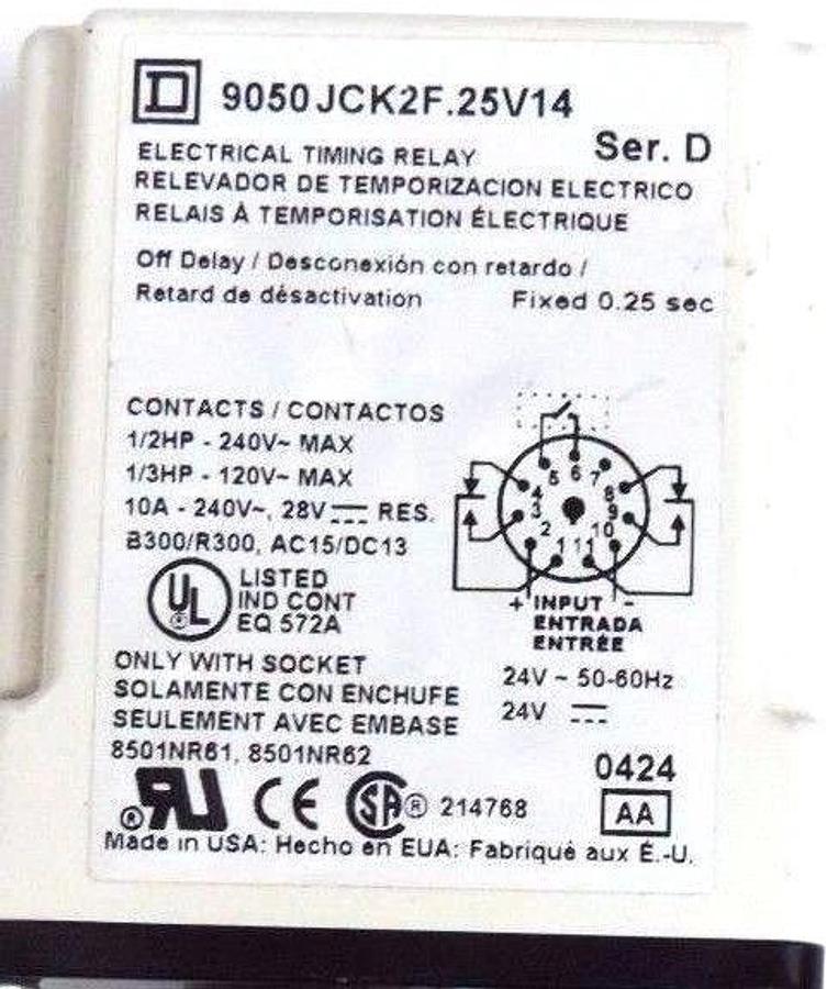 Used SQUARE D 9050-JCK2F.25V14 SER. D TIMING RELAY 240VAC, 10AMP, 25SEC., 11PIN