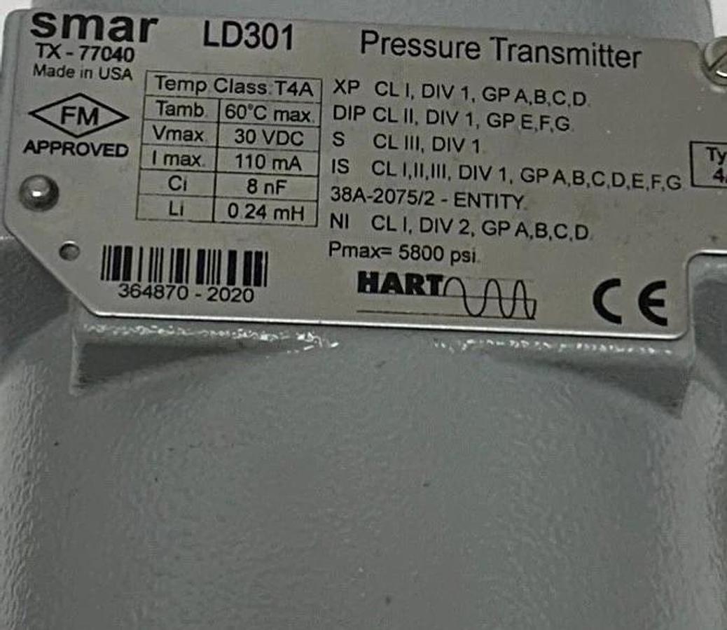 Used SMAR LD301 HART SMART PRESSURE TRANSMITTER 1/2'' W/ LONE STAR MANIFOLD ASSY USNP