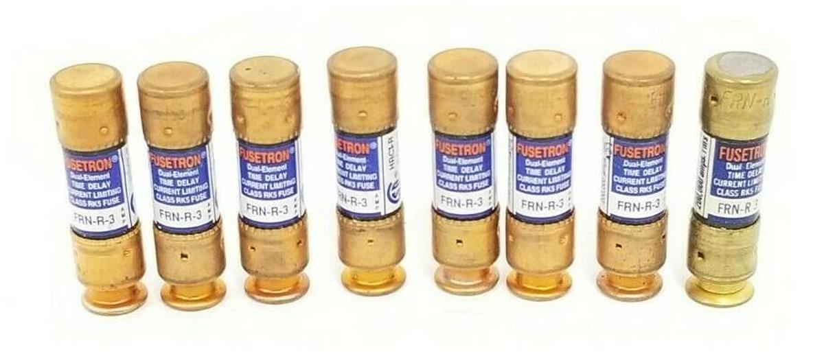 Used LOT OF 8 BUSSMANN FRN-R-3 FUSETRON DUAL-ELEMENT CLASS RK5 FUSES 250V, 3AMP
