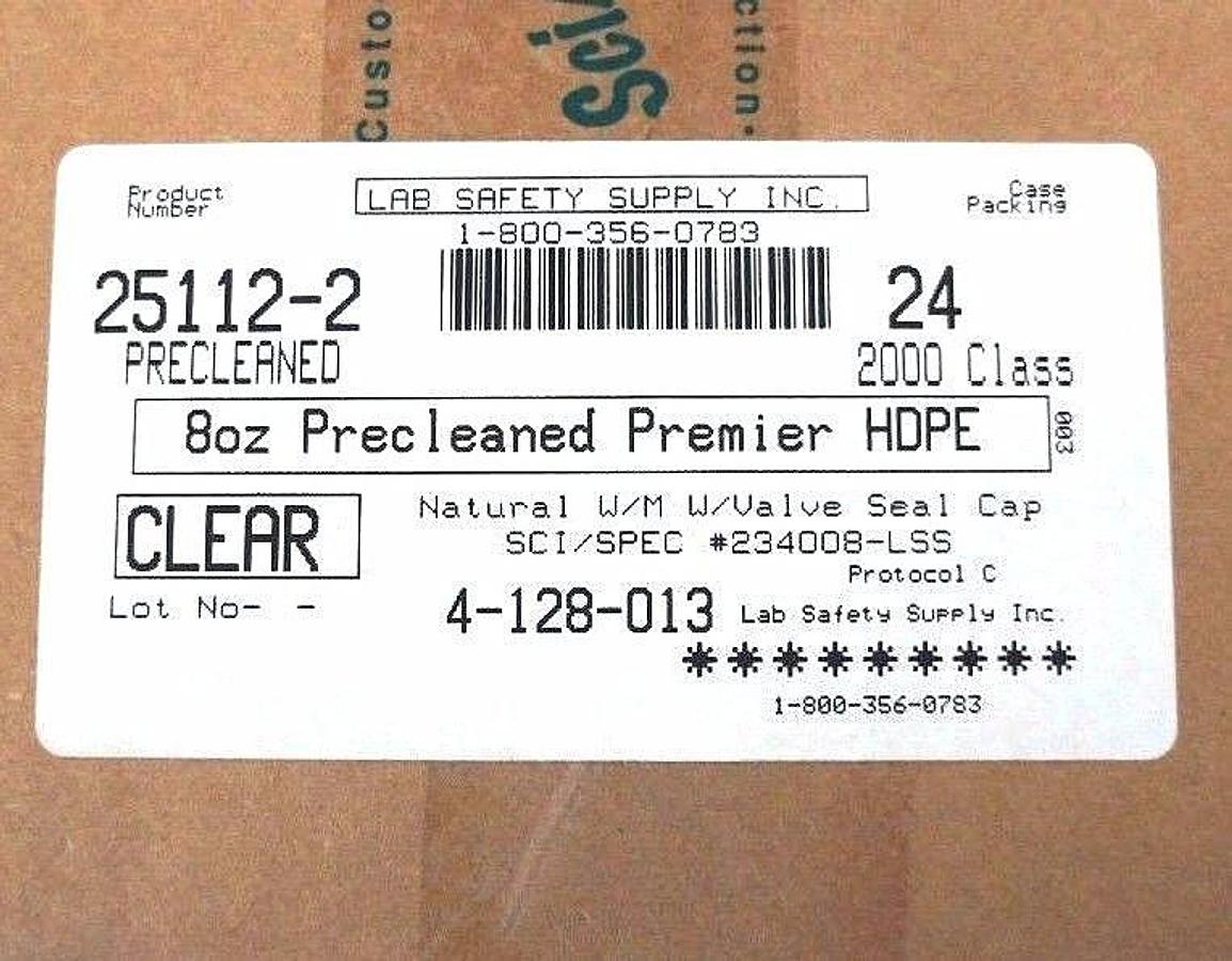 Used CASE OF 24 LAB SAFETY SUPPLY 25112-2 CLEAR 8 OZ PRECLEANED PREMIER HDPE BOTTLES