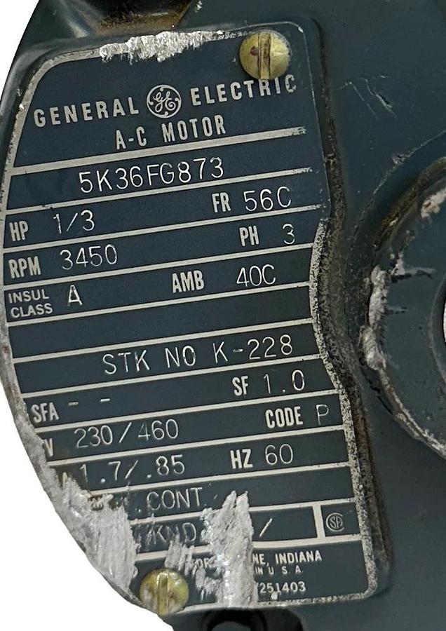 Used GENERAL ELECTRIC 5K36FG873 AC MOTOR 1/3HP 3450RPM 3PH 230/460V 60Hz USNP