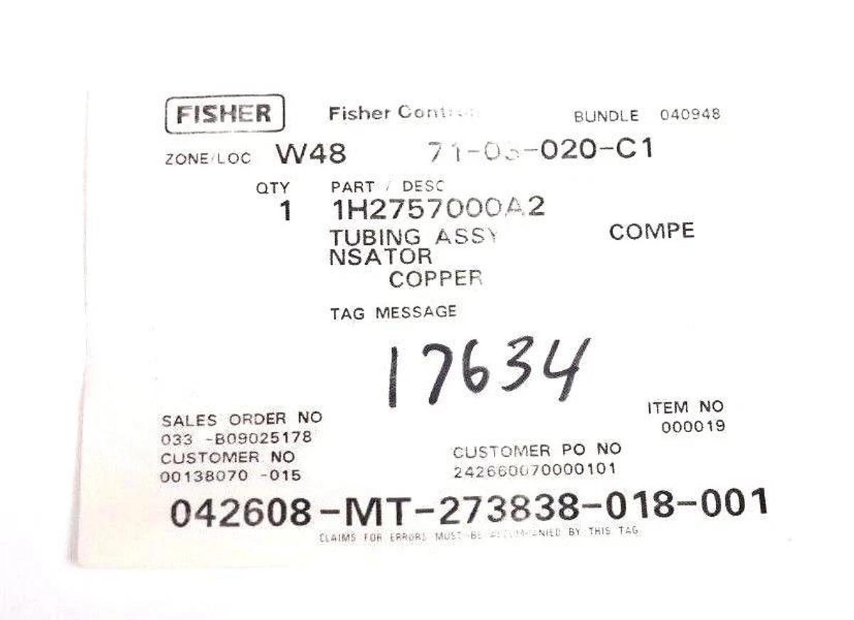 Used NIB FISHER CONTROLS 1H2757000A2 TUBING ASSEMBLY
