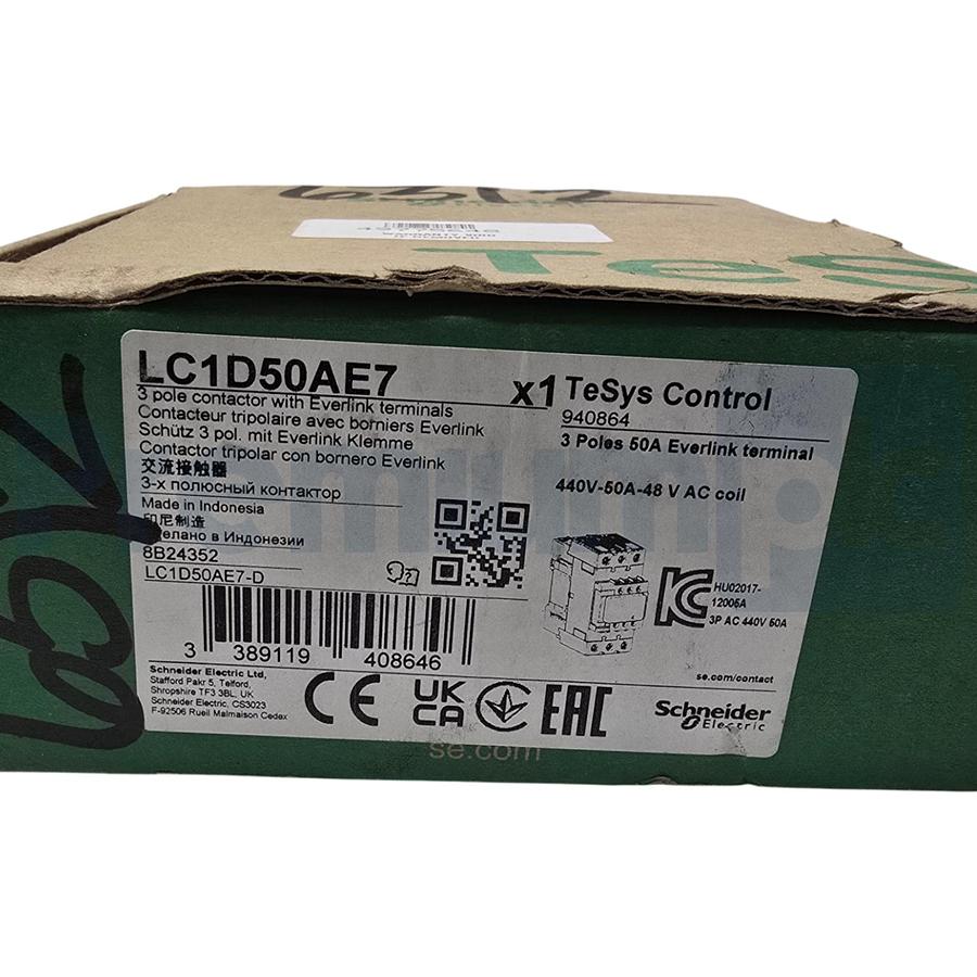 Used Schneider LC1D50AE7 TeSys D IEC Contactor 3 Pole 40HP@480V 50A, 48VAC Coil NSMP